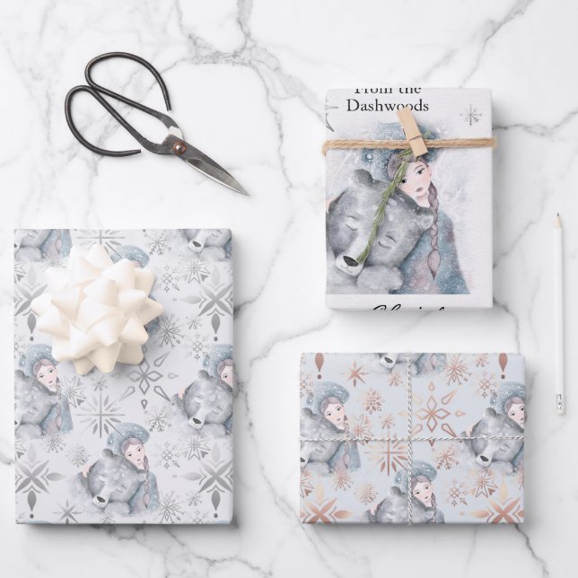 Enchanting Bear & girl personalised festive Wrapping Paper Sheet (Front)