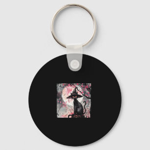 Enchanting Black Cat and Witch Hat Halloween Art Key Ring