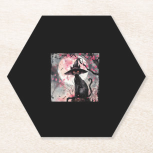 Enchanting Black Cat and Witch Hat Halloween Art Paper Coaster