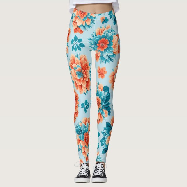 Enchanting Blue and Orange Floral Design: Delicate Leggings (Front)