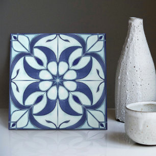 Enchanting Blue and White Symmetrical Floral Tile