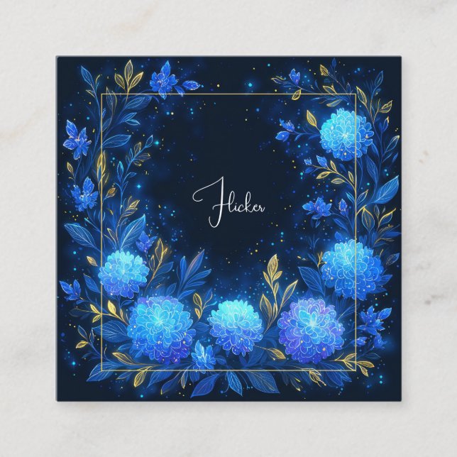 Enchanting Blue Gold Floral Square Business Card (Front)