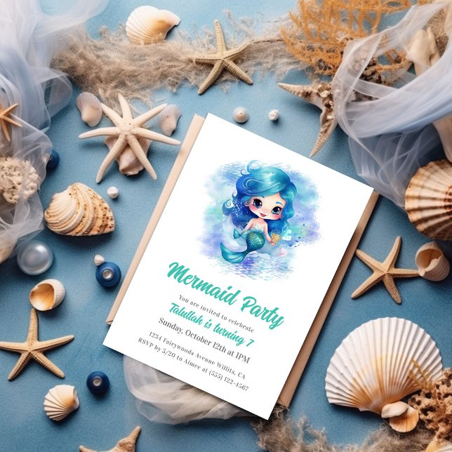Enchanting Blue Mermaid Kids Birthday Party Invitation (Creator Uploaded)
