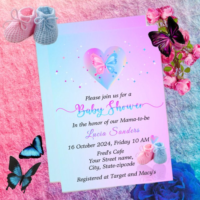 Enchanting Blue & Pink Butterfly Baby Shower Invitation (Creator Uploaded)