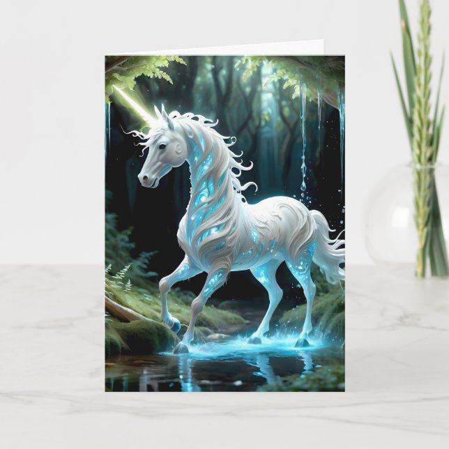 Enchanting, Blue & White Unicorn Walking in Stream Card (Front)