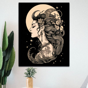 Enchanting Boho Moon Goddess, on black background  Poster