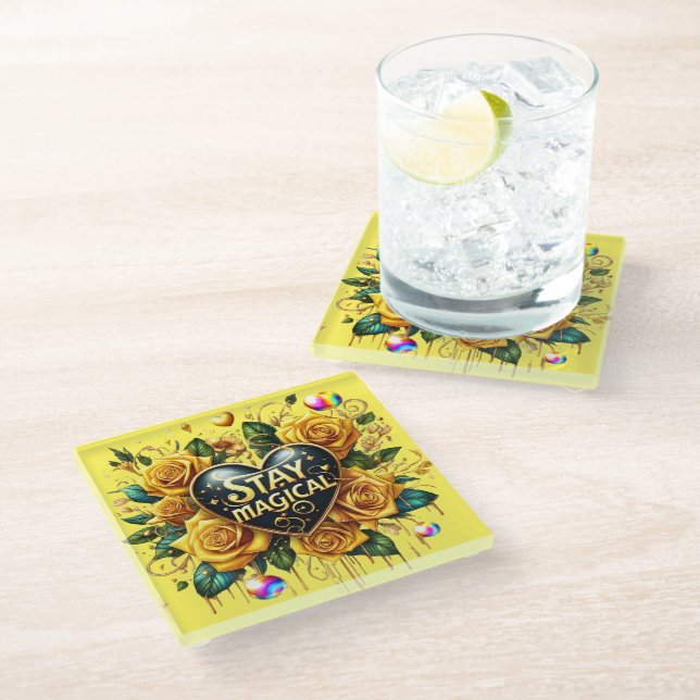 Enchanting Bouquet of Golden Roses And Heart  Glass Coaster (Angled)