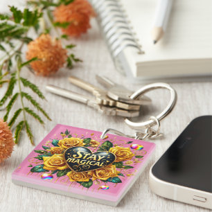 Enchanting Bouquet of Golden Roses And Heart  Key Ring