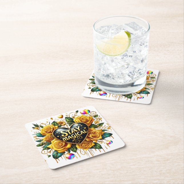 Enchanting Bouquet of Golden Roses And Heart  Square Paper Coaster (Insitu)