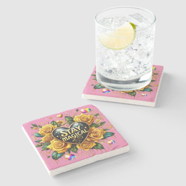 Enchanting Bouquet of Golden Roses And Heart  Stone Coaster (Side)