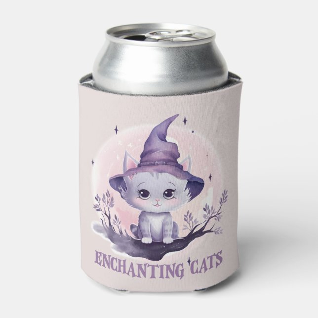 Enchanting Cat – Cute Pastel Purple Witch Cat Can Cooler (Can Front)