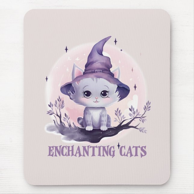 Enchanting Cat – Cute Pastel Purple Witch Cat Mouse Mat (Front)