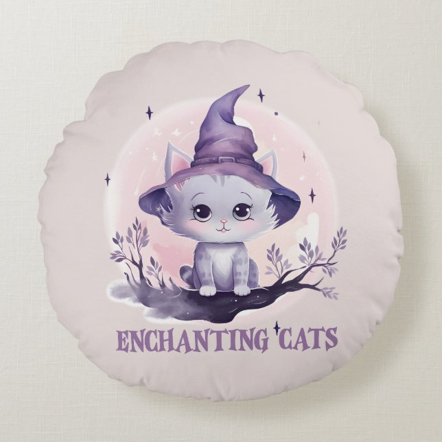 Enchanting Cat – Cute Pastel Purple Witch Cat Round Cushion (Front)