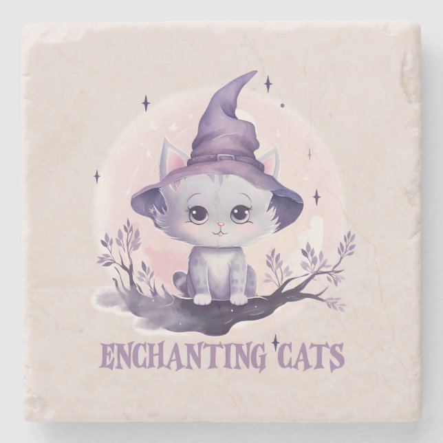 Enchanting Cat – Cute Pastel Purple Witch Cat Stone Coaster (Front)