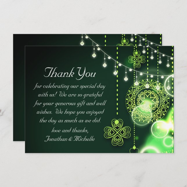 Enchanting Celtic Clovers and Lights Flat Wedding Thank You Card (Front/Back)