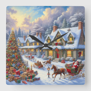 Enchanting Christmas Village Scene Square Wall Clock