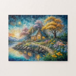 Enchanting Cottage by Moonlit Stream Jigsaw Puzzle