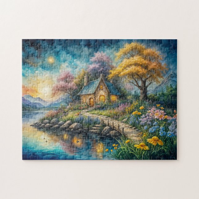 Enchanting Cottage by Moonlit Stream Jigsaw Puzzle (Horizontal)