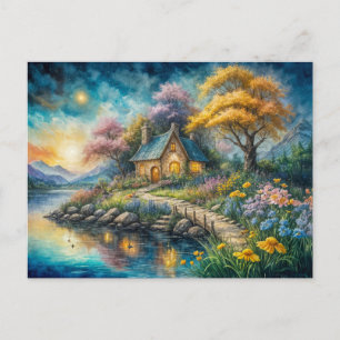 Enchanting Cottage by Moonlit Stream Postcard