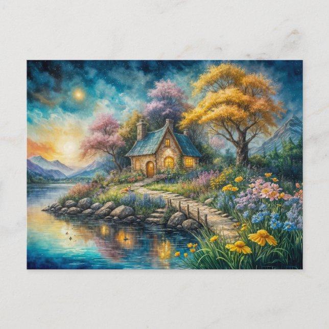 Enchanting Cottage by Moonlit Stream Postcard (Front)