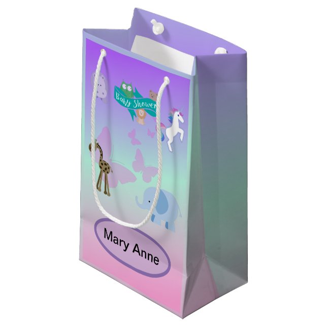 Enchanting Critter Parade Baby Shower Pink Purple  Small Gift Bag (Front Angled)