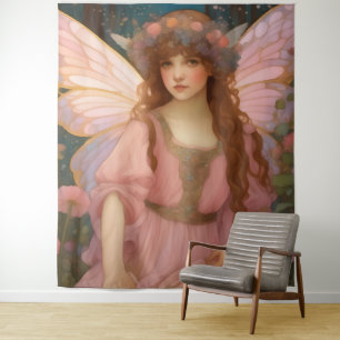 Enchanting Dreams: A Whimsical Pink Fairy Portrait Tapestry