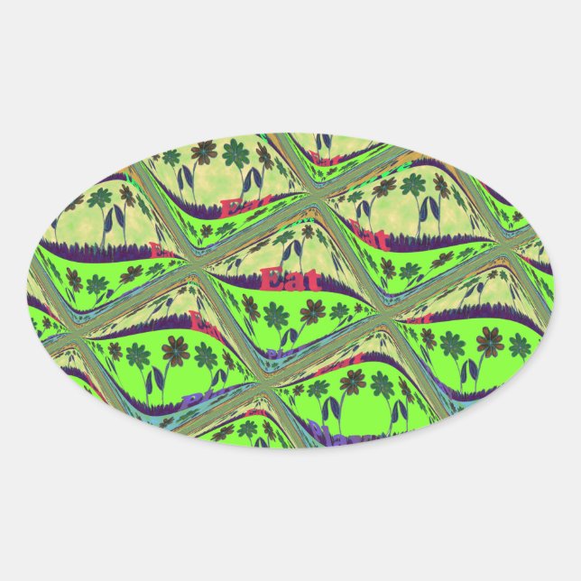 Enchanting Eclectic Garden Chequered Floral Beauty Oval Sticker (Front)