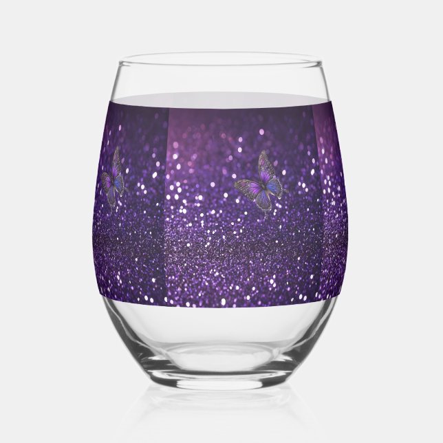 Enchanting Elegance: The Purple Sparkle Butterfly  Stemless Wine Glass (Front)