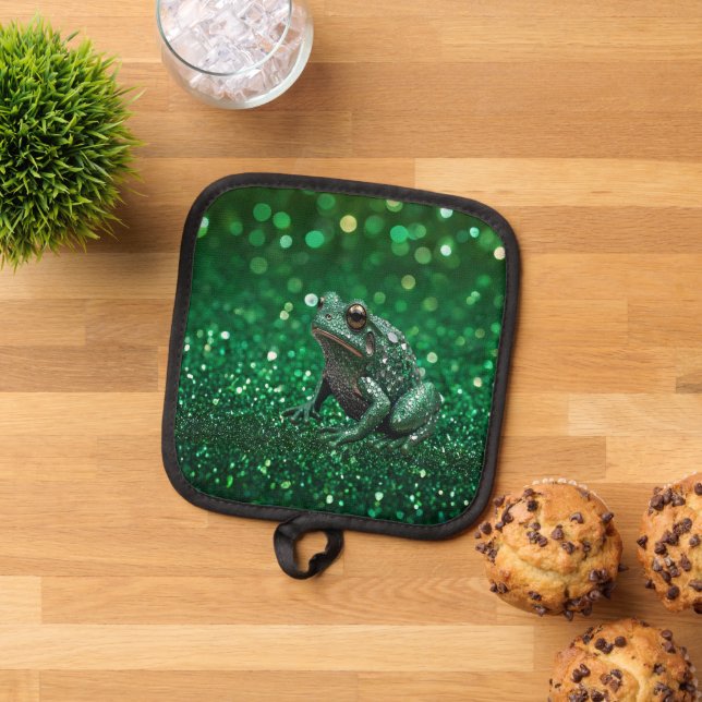 Enchanting Emergence: The Green Sparkle Frog, Pot Holder (Top Down)