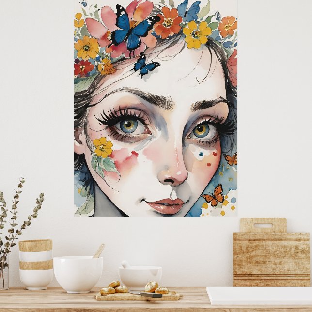 Enchanting Eyes Amidst Butterflies & Blooms Poster (Kitchen)