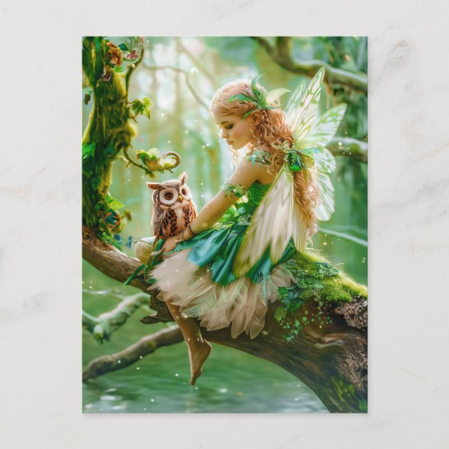 Enchanting Fairy with Owl in Forest Postcard (Front)