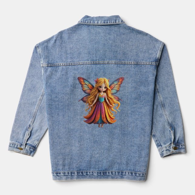 Enchanting Fantasy Fairy with Colourful Wings Denim Jacket (Back)
