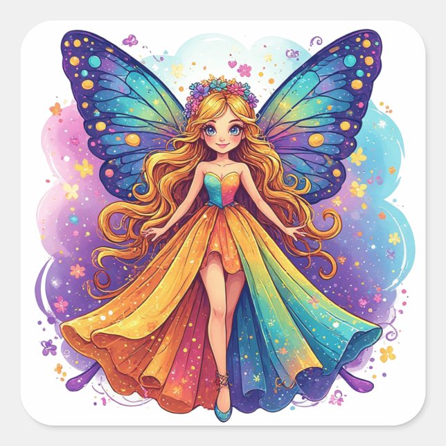 Enchanting Fantasy Fairy with Colourful Wings Square Sticker (Front)