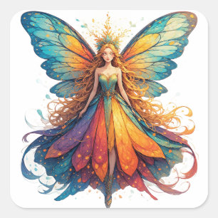 Enchanting Fantasy Fairy with Colourful Wings Square Sticker