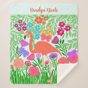 Enchanting Flamingo Butterfly and Flower Design Sherpa Blanket
