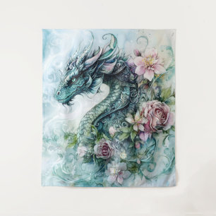 Enchanting Floral Dragon Fantasy Art Tapestry