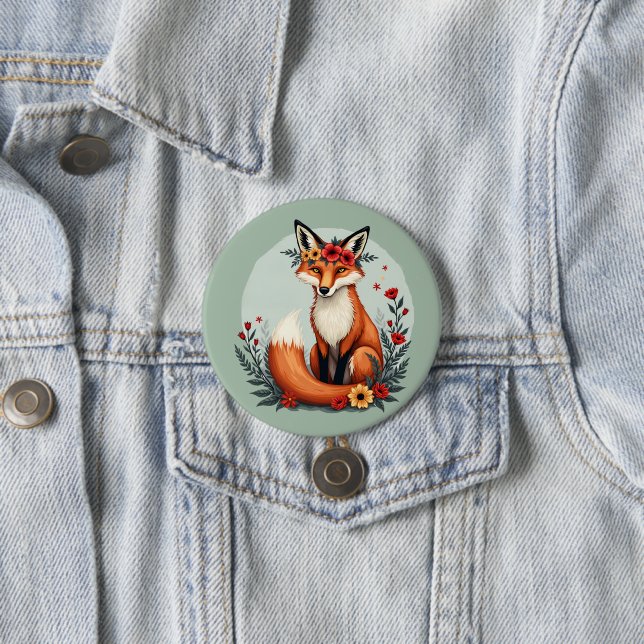 Enchanting Floral Fox Woodland Folk Art 7.5 Cm Round Badge (In Situ)