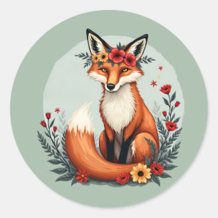 Enchanting Floral Fox Woodland Folk Art Classic Round Sticker