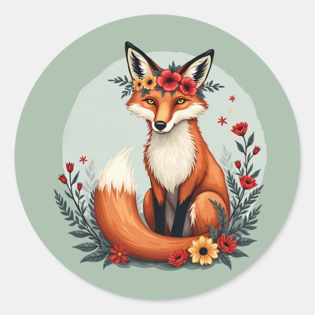 Enchanting Floral Fox Woodland Folk Art Classic Round Sticker (Front)