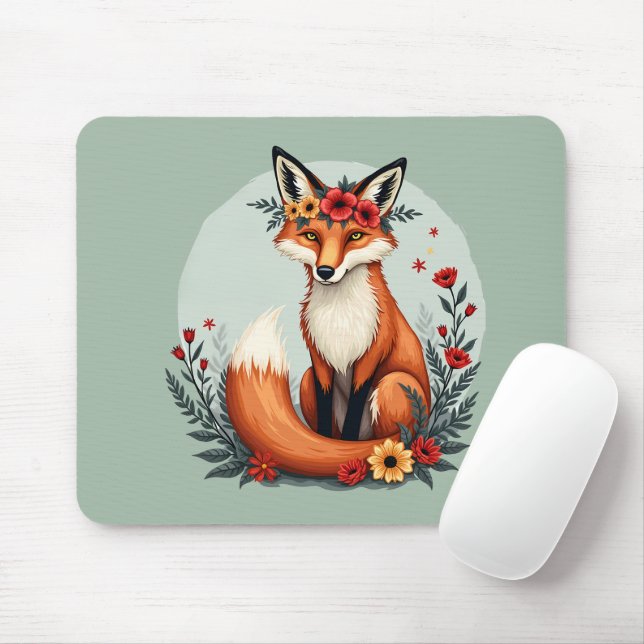 Enchanting Floral Fox Woodland Folk Art Mouse Mat (With Mouse)