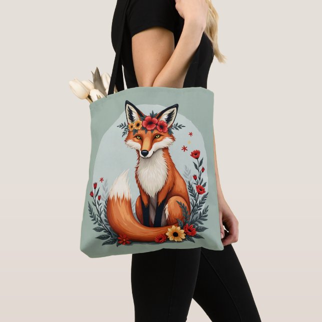Enchanting Floral Fox Woodland Folk Art Tote Bag (Close Up)