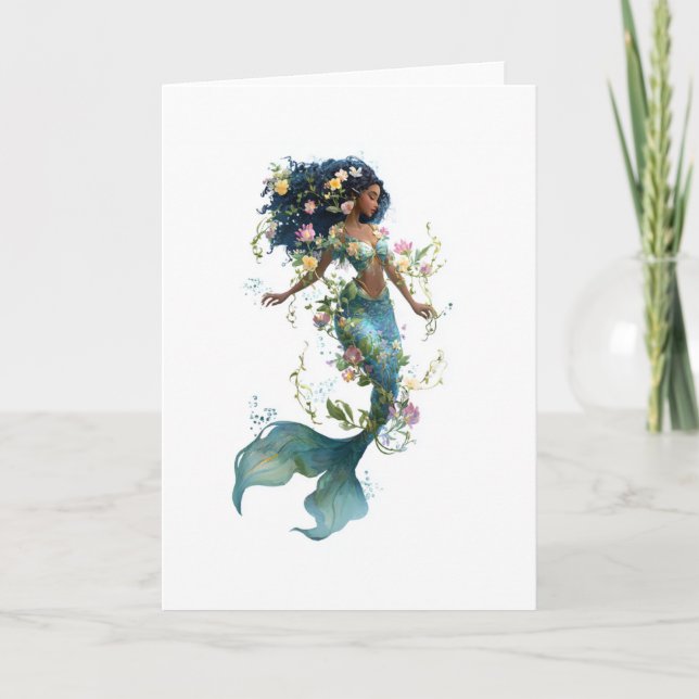 Enchanting Floral Mermaid, Magical Greeting Card (Front)