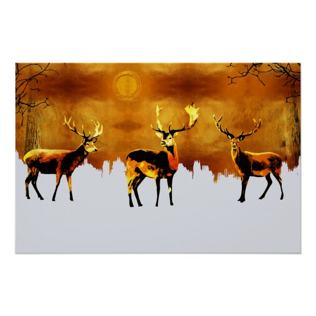 Enchanting Forest Trio: Oriental Deer Art Poster (Front)