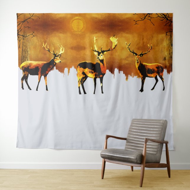 Enchanting Forest Trio: Oriental Deer Art Tapestry (In Situ (Horizontal))