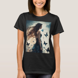Enchanting Girl with Butterfly and Floral Design T T-Shirt