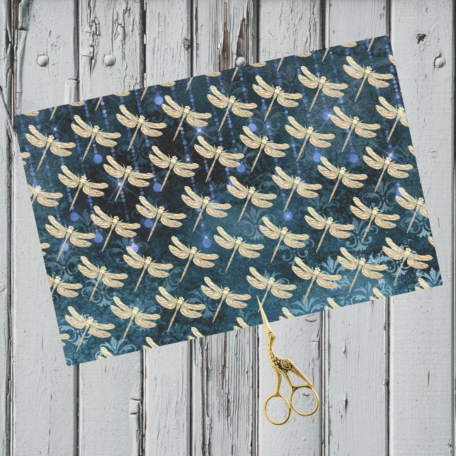 Enchanting Gold Dragonflies on Teal Blue Damask Tissue Paper (Creator Uploaded)