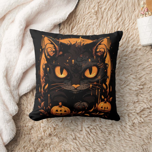 Enchanting Halloween: Black Cat Among Pumpkins Cushion (Blanket)