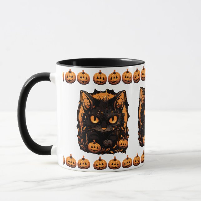 Enchanting Halloween: Black Cat Among Pumpkins Mug (Left)