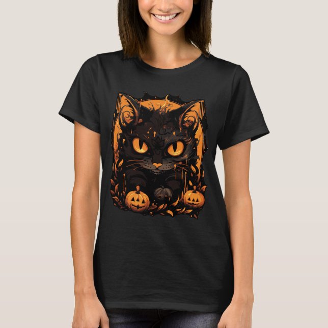 Enchanting Halloween: Black Cat Among Pumpkins T-Shirt (Front)