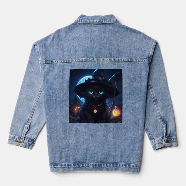 Enchanting Halloween Kitten Witch Denim Jacket (Back)
